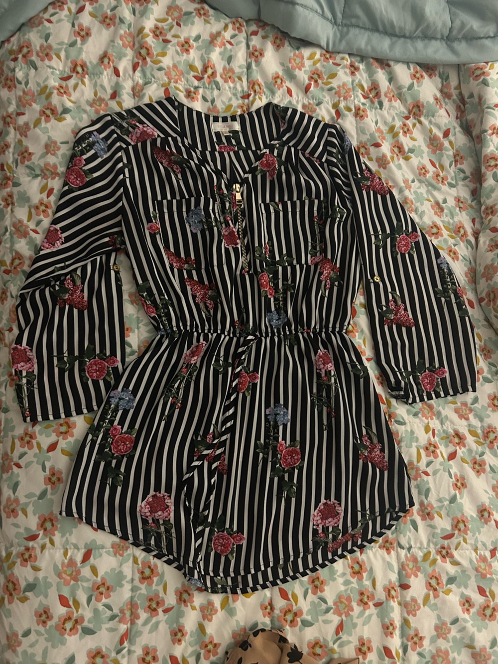 Stella Tweed Black and White Striped Floral Top with Pink Accents